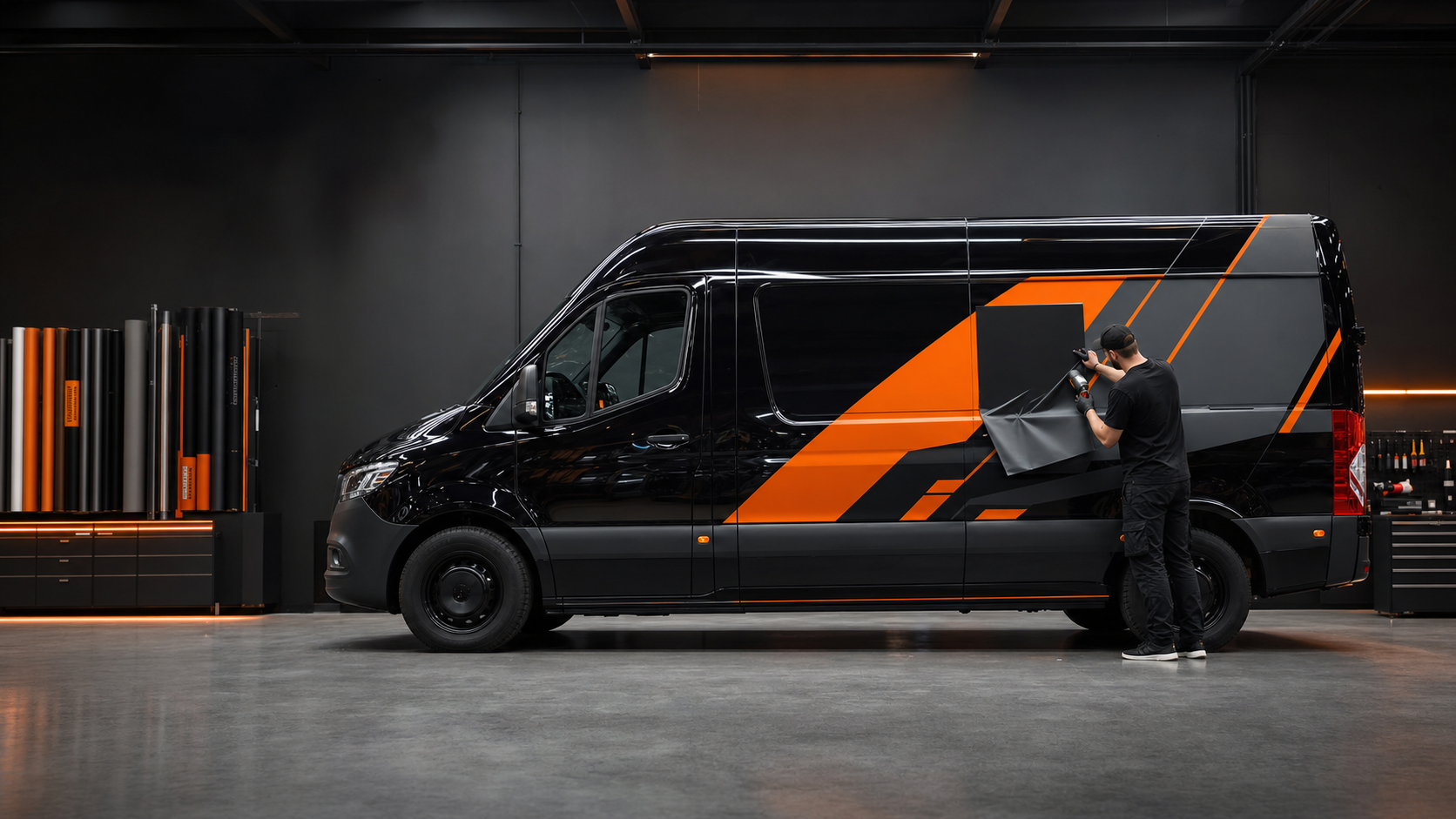 Professionelle Fahrzeugbeschriftung eines schwarzen Transporters