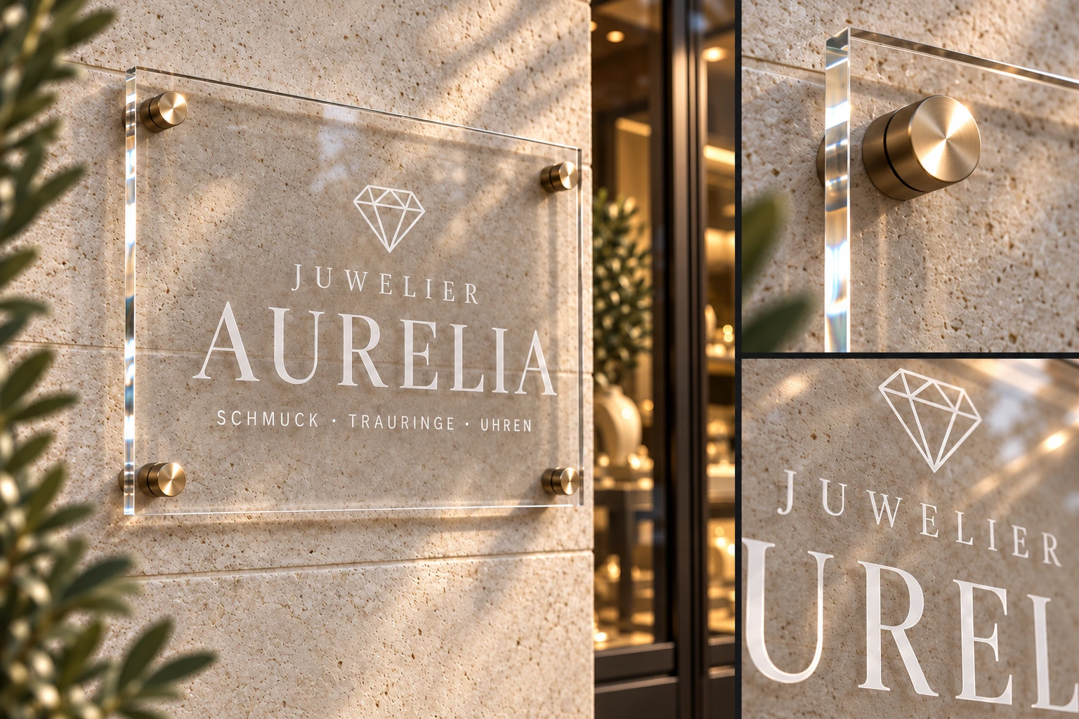 Transparentes Acrylschild Juwelier Aurelia mit Gravur und Abstandshaltern: Gesamtansicht und Materialdetails