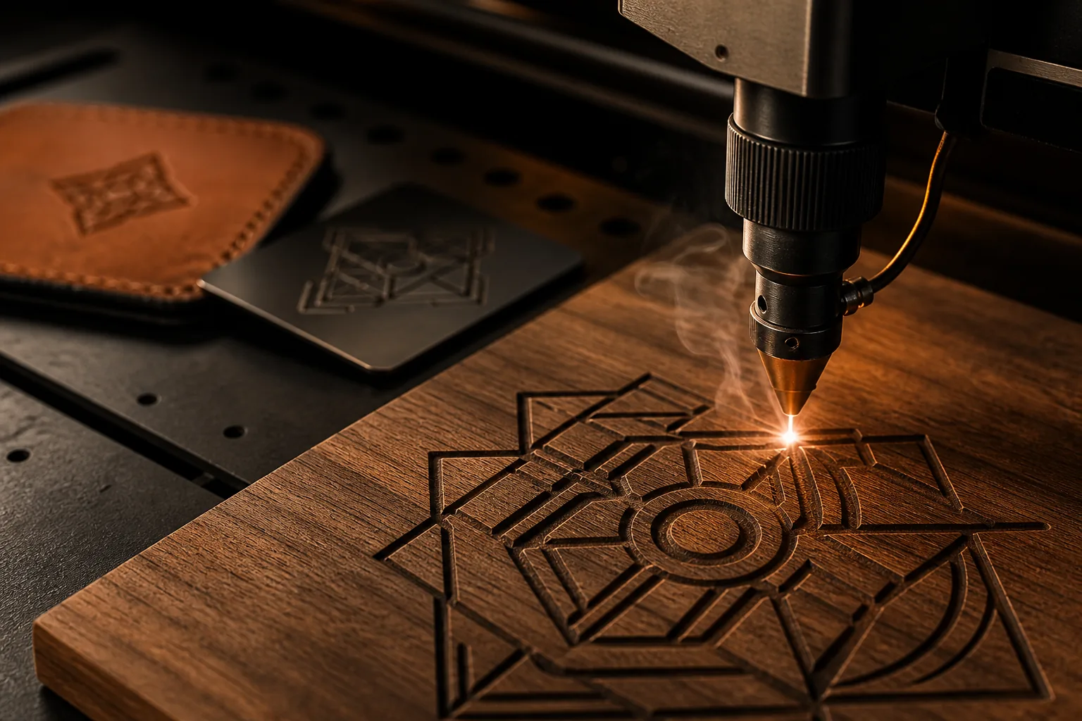 Detailreiche Lasergravur in warmem Holz