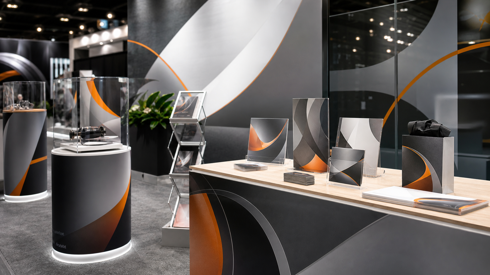 Beschriftete Messedisplays, Vitrinen und Informationsmaterial