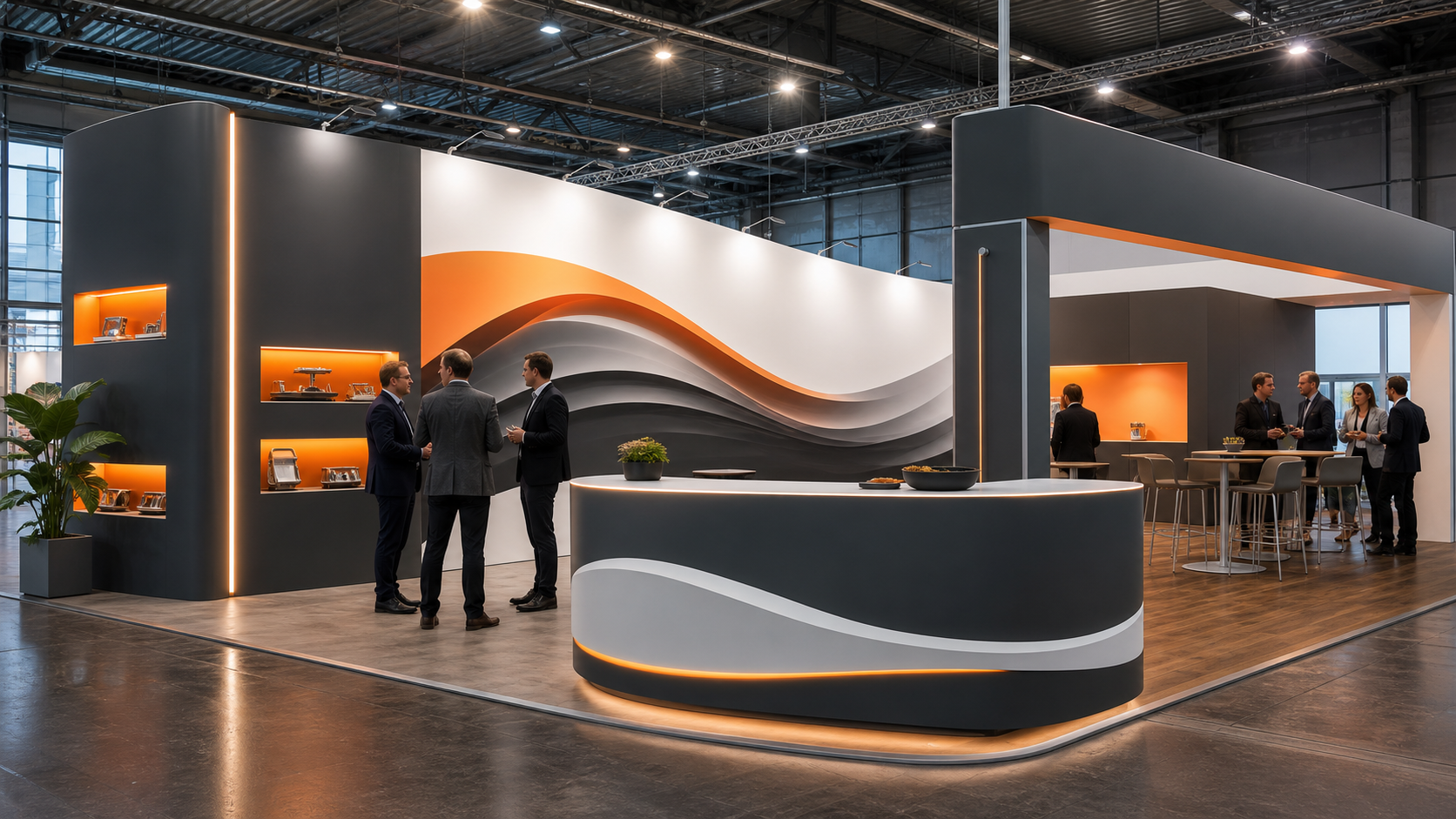 Messestand mit Grafik-Rückwand und beschriftetem Counter