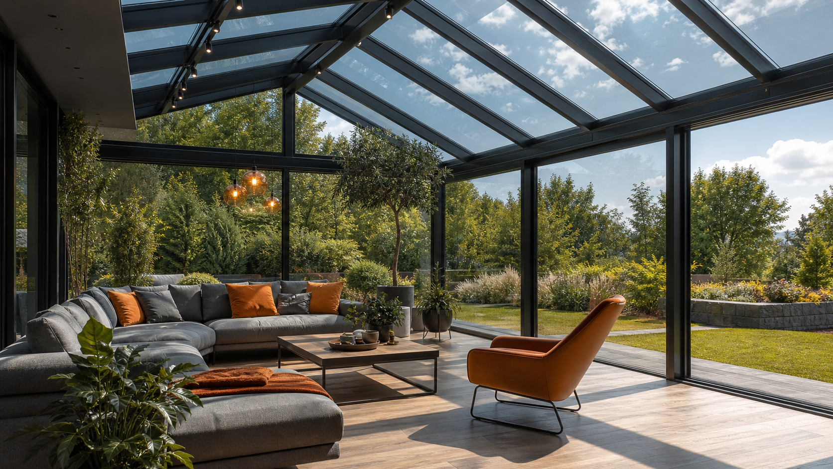 Wintergarten mit nahezu klarer Sonnenschutzfolie