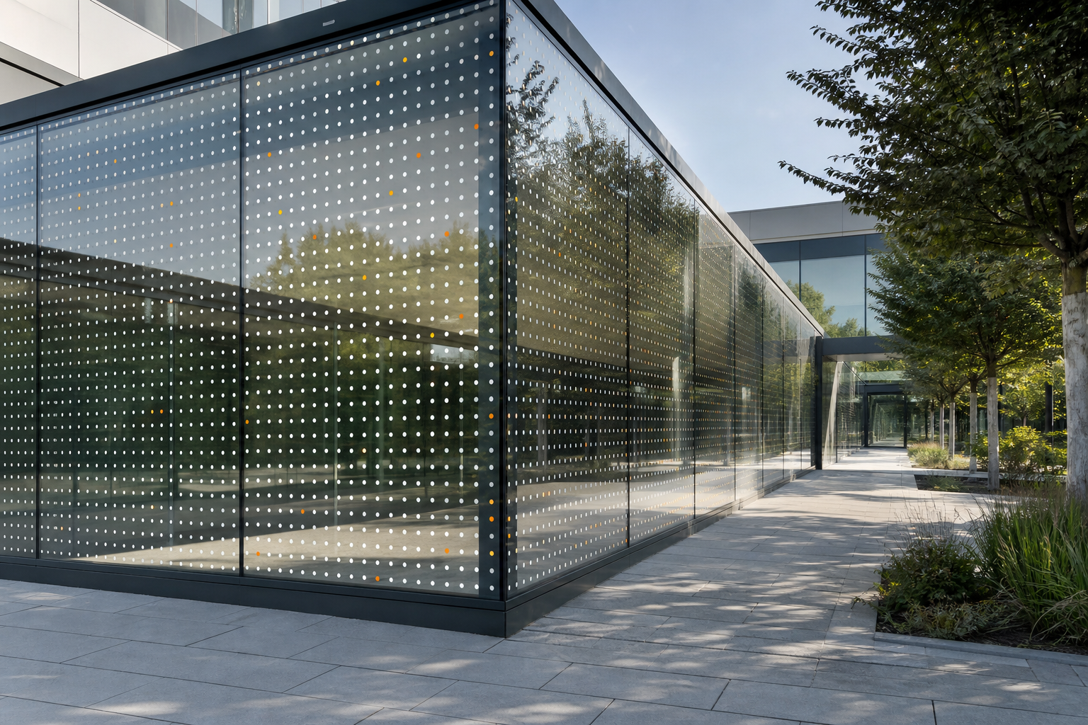 Transparente Gebäudeecke mit flächigem Vogelschutz-Punktraster
