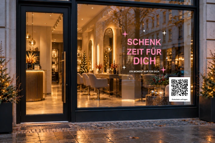 Gestaltungsvorschau einer Weihnachts-Schaufensterfolierung mit rosafarbenen Buchstaben