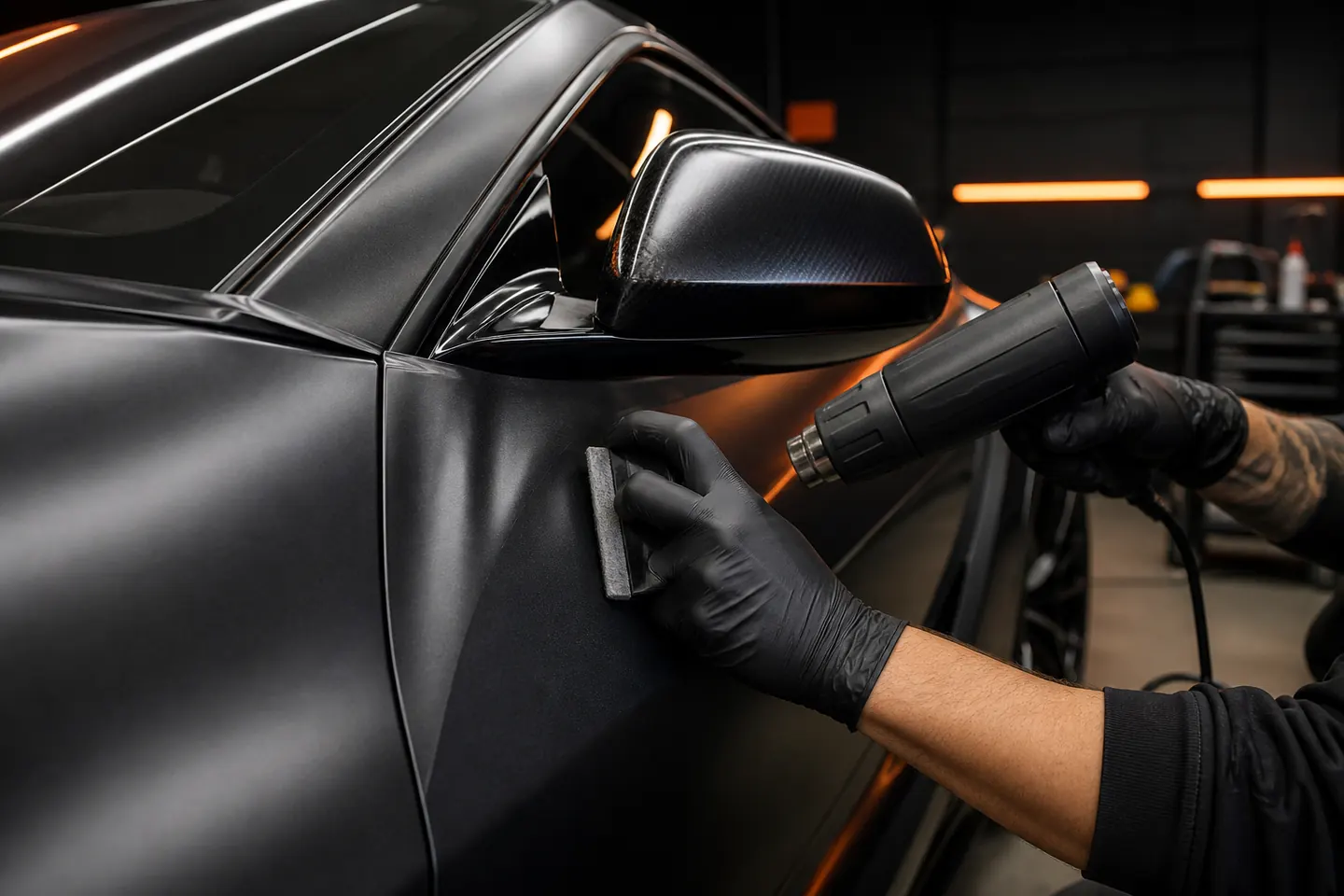 Detailarbeit beim Car Wrapping an Spiegel und Fahrzeugkante