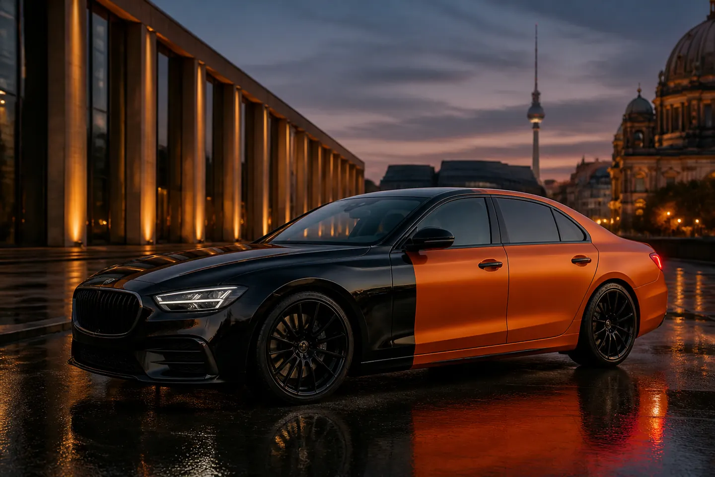 Schwarz-orange Autofolierung als hochwertige Farbveränderung