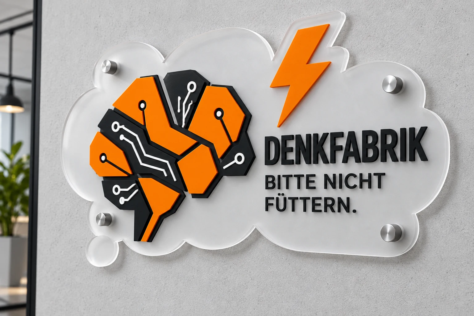 Gestaltungsbeispiel: lasergeschnittenes Acrylschild Denkfabrik – bitte nicht füttern. mit Abstandshaltern in Orange, Weiß und Anthrazit