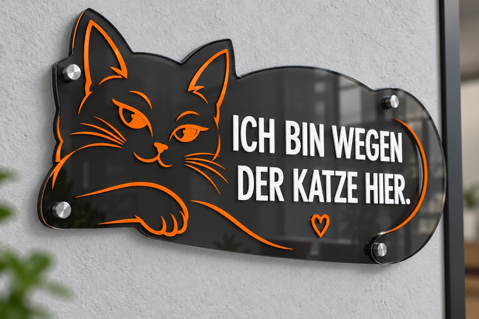 Gestaltungsbeispiel: lasergeschnittenes Acrylschild Ich bin wegen der Katze hier. mit Abstandshaltern in Orange, Weiß und Anthrazit