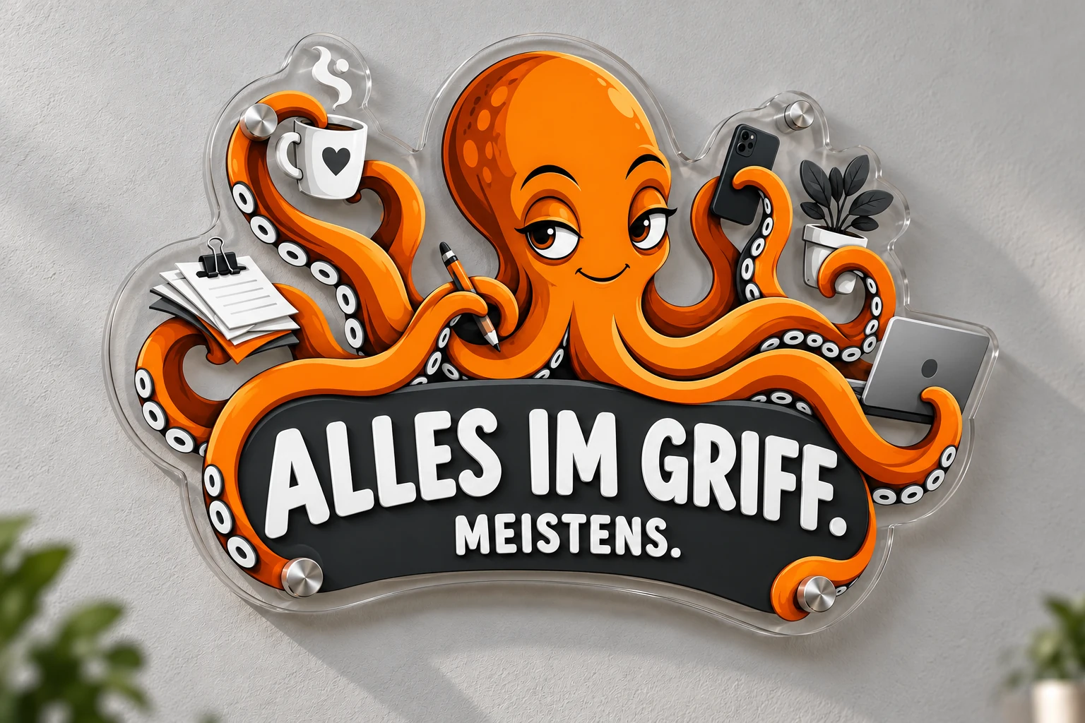 Gestaltungsbeispiel: lasergeschnittenes Acrylschild Alles im Griff. Meistens. mit Abstandshaltern in Orange, Weiß und Anthrazit