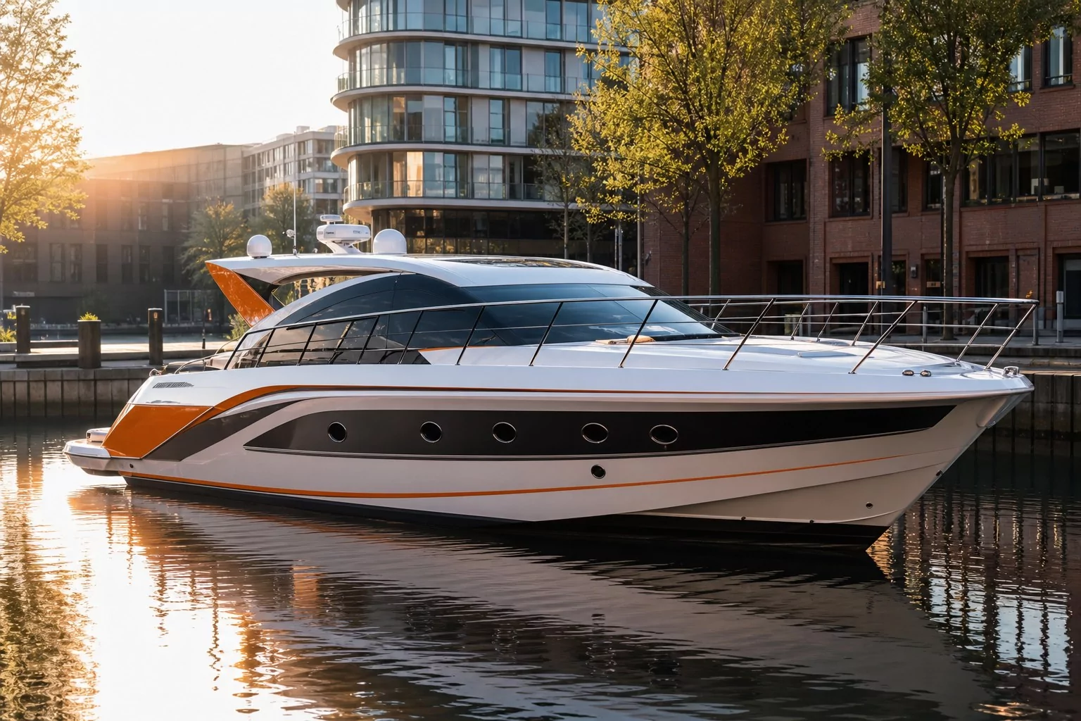 Hochwertig folierte Yacht mit schwarz-oranger Gestaltung