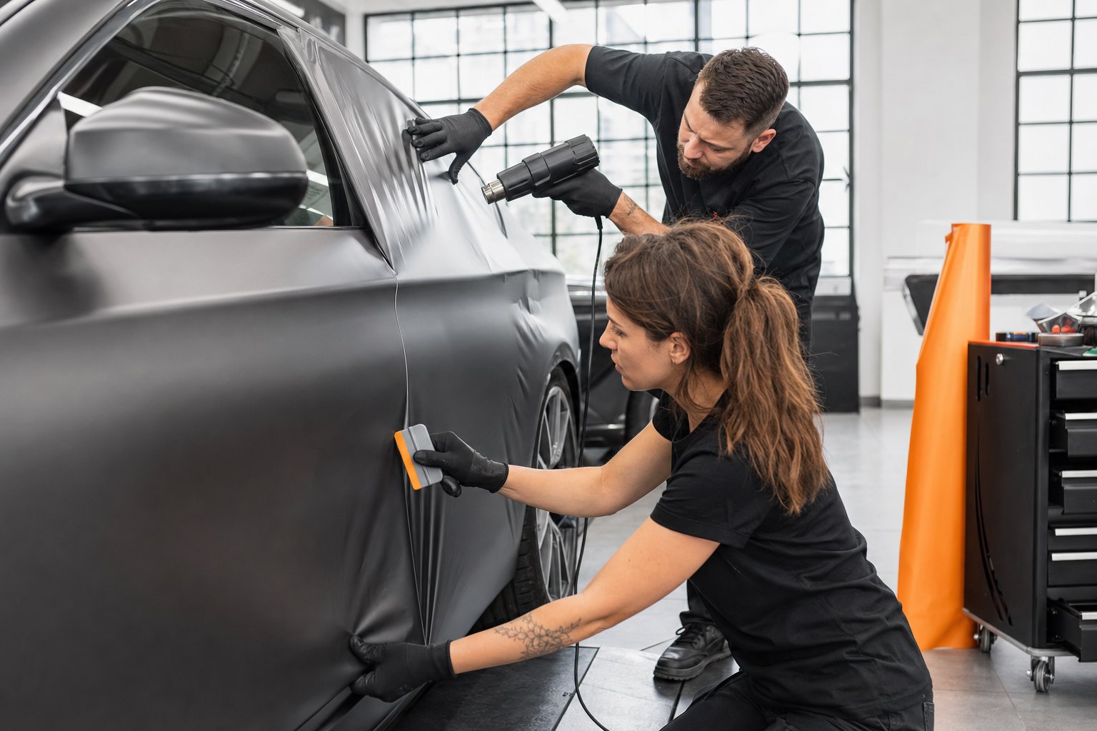 Präzise Fahrzeugfolierung in der FolienFactory Werkstatt