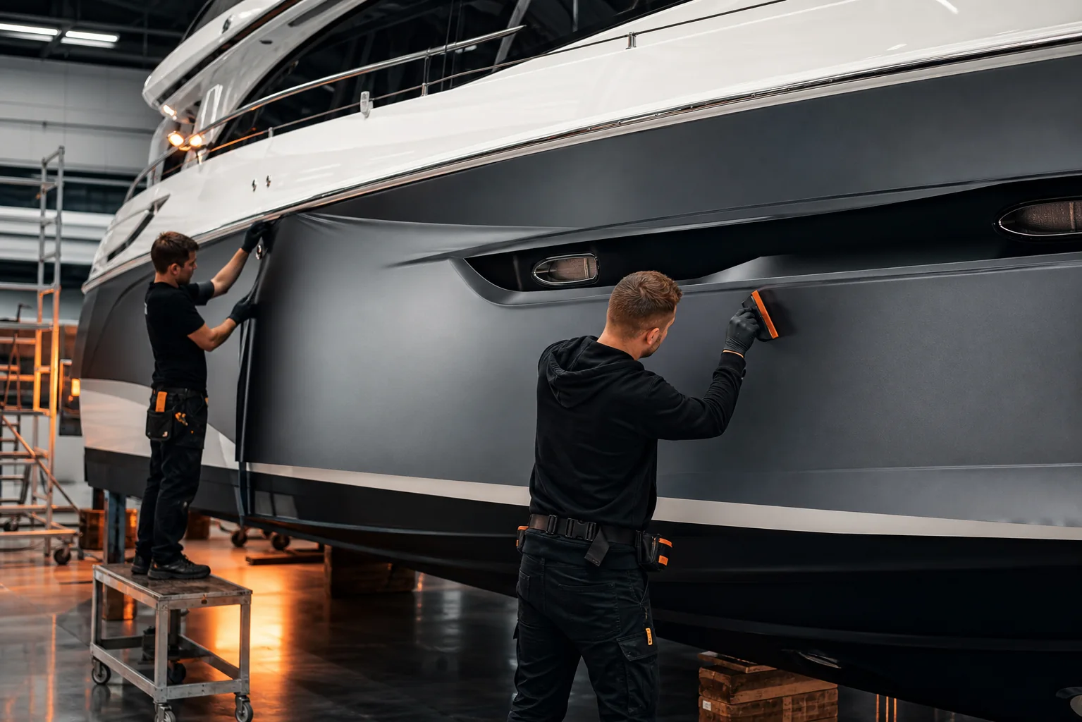 Professionelle Yachtfolierung in der Werkhalle
